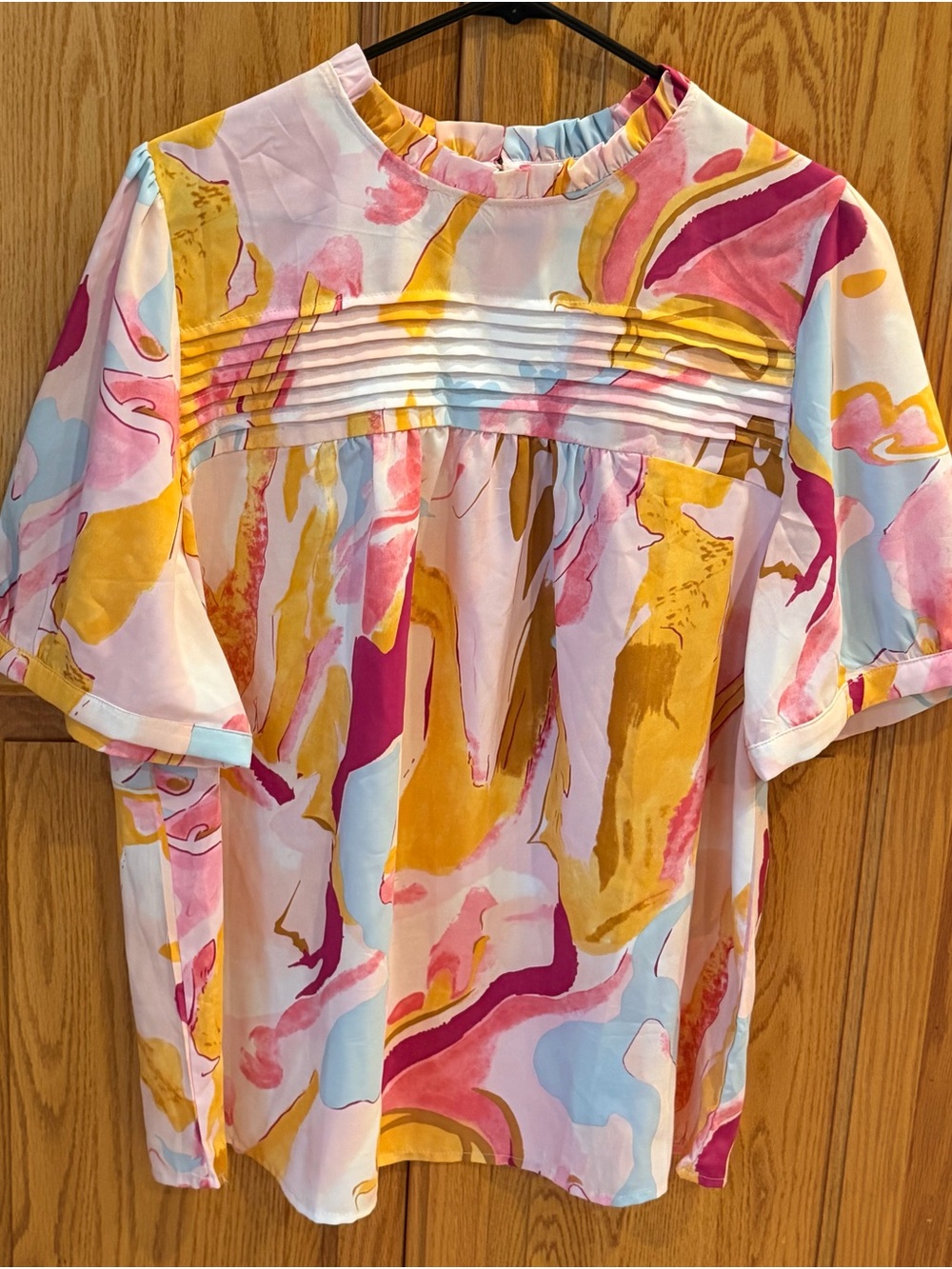 Women’s  Multicolor Abstract Print Pintuck Blouse - Pink & Yellow